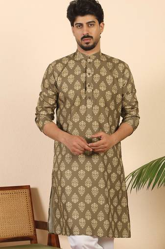 Ethnic motifs jaipuri printed cotton brown kurta