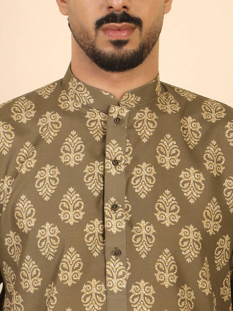 Ethnic motifs jaipuri printed cotton brown kurta