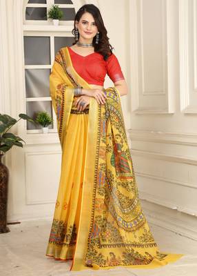 yellow cotton blend digital print saree (sfcl233) 5