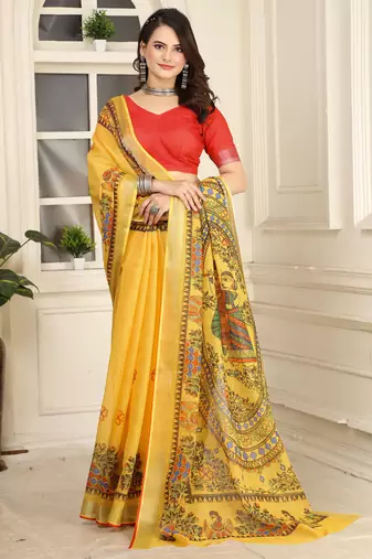 yellow cotton blend digital print saree