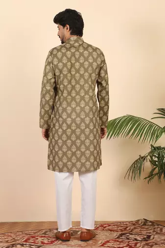 Ethnic motifs jaipuri printed cotton brown kurta