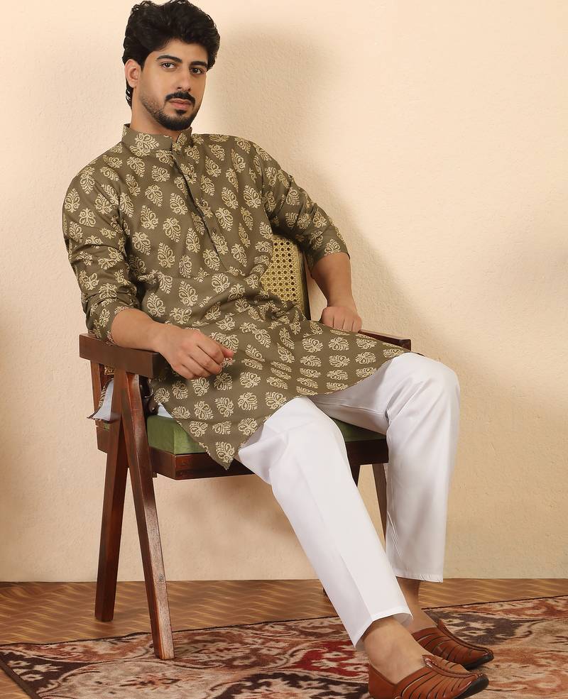 Ethnic motifs jaipuri printed cotton brown kurta