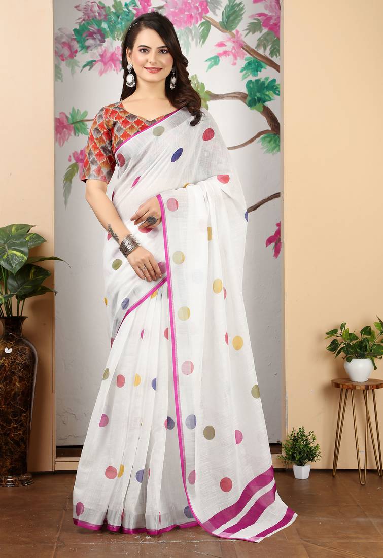 white multicolor cotton blend digital print saree