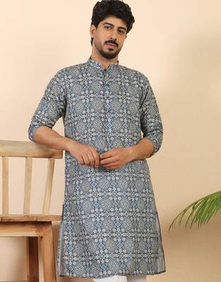 Ethnic motifs jaipuri printed cotton blue kurta 1