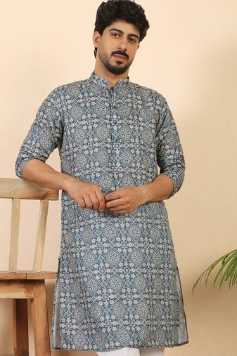Ethnic motifs jaipuri printed cotton blue kurta