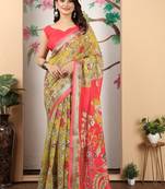 mustard pink cotton blend saree with paisley print