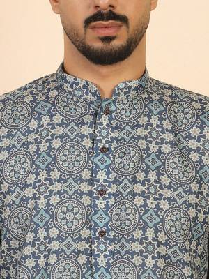 Ethnic motifs jaipuri printed cotton blue kurta 2