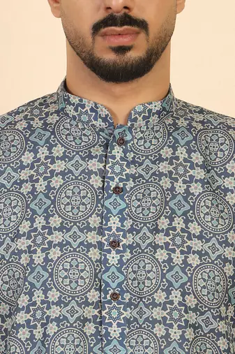 Ethnic motifs jaipuri printed cotton blue kurta
