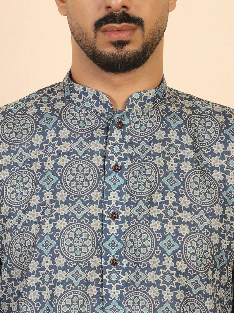 Ethnic motifs jaipuri printed cotton blue kurta