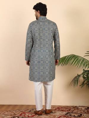 Ethnic motifs jaipuri printed cotton blue kurta 3
