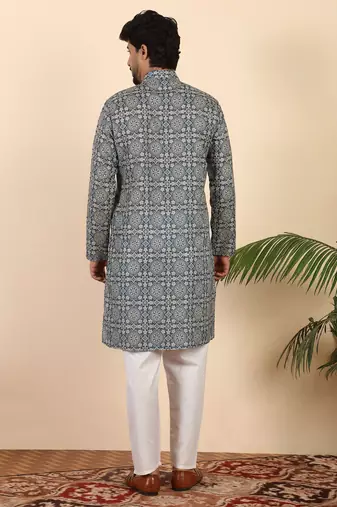 Ethnic motifs jaipuri printed cotton blue kurta
