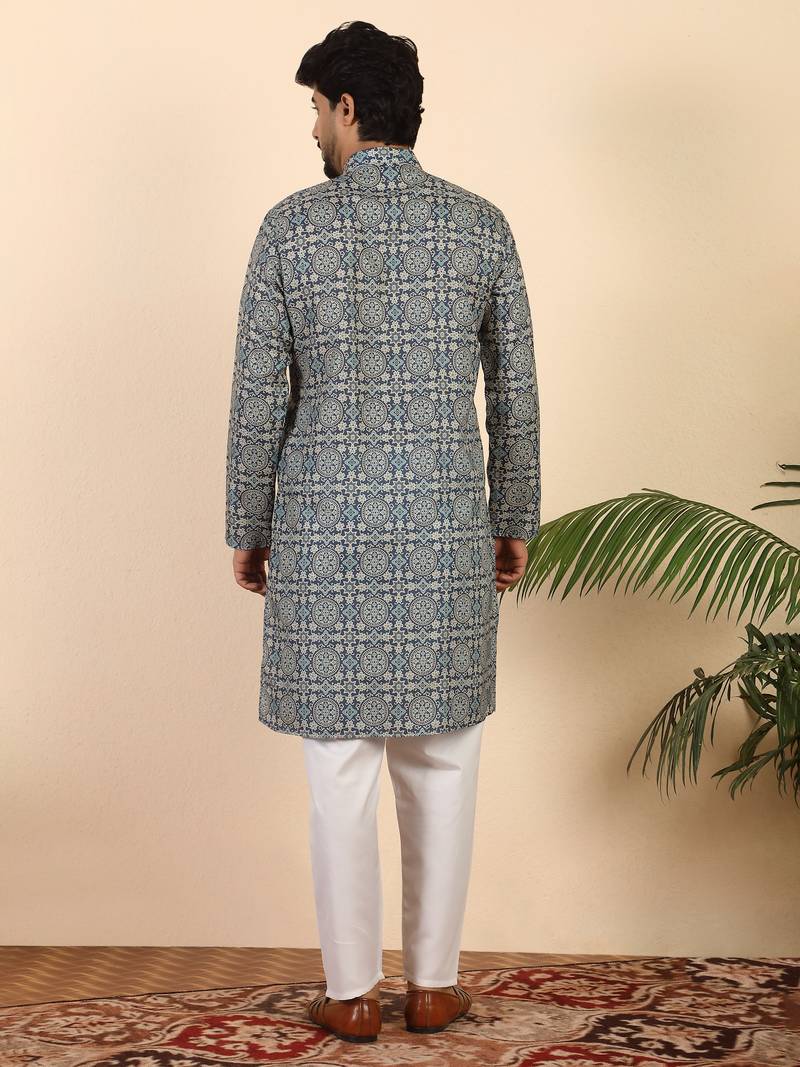 Ethnic motifs jaipuri printed cotton blue kurta