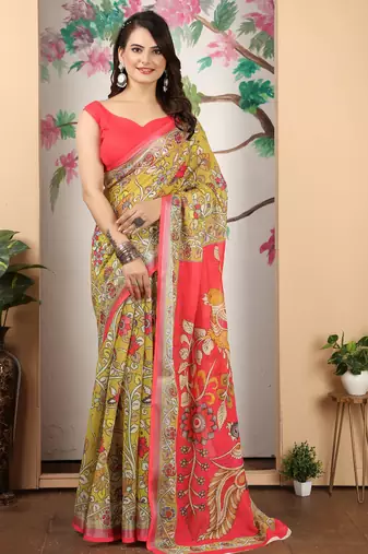 mustard pink cotton blend saree with paisley print
