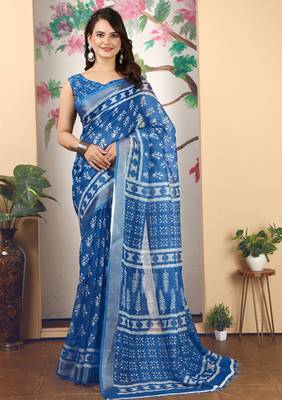 blue cotton blend saree with geometric floral print (sfcl218) 1
