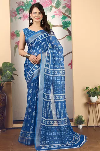 blue cotton blend saree with geometric floral print (sfcl218)