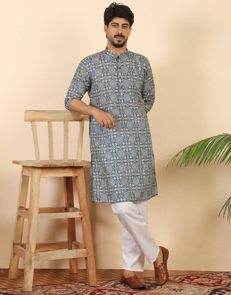 Ethnic motifs jaipuri printed cotton blue kurta