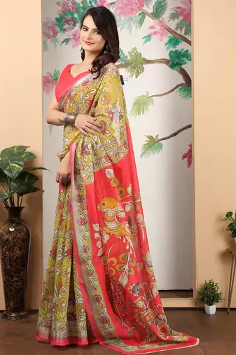 mustard pink cotton blend saree with paisley print