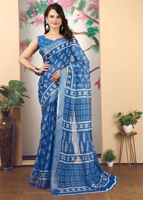 blue cotton blend saree with geometric floral print (sfcl218) 2