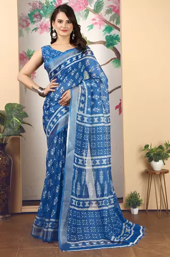 blue cotton blend saree with geometric floral print (sfcl218)