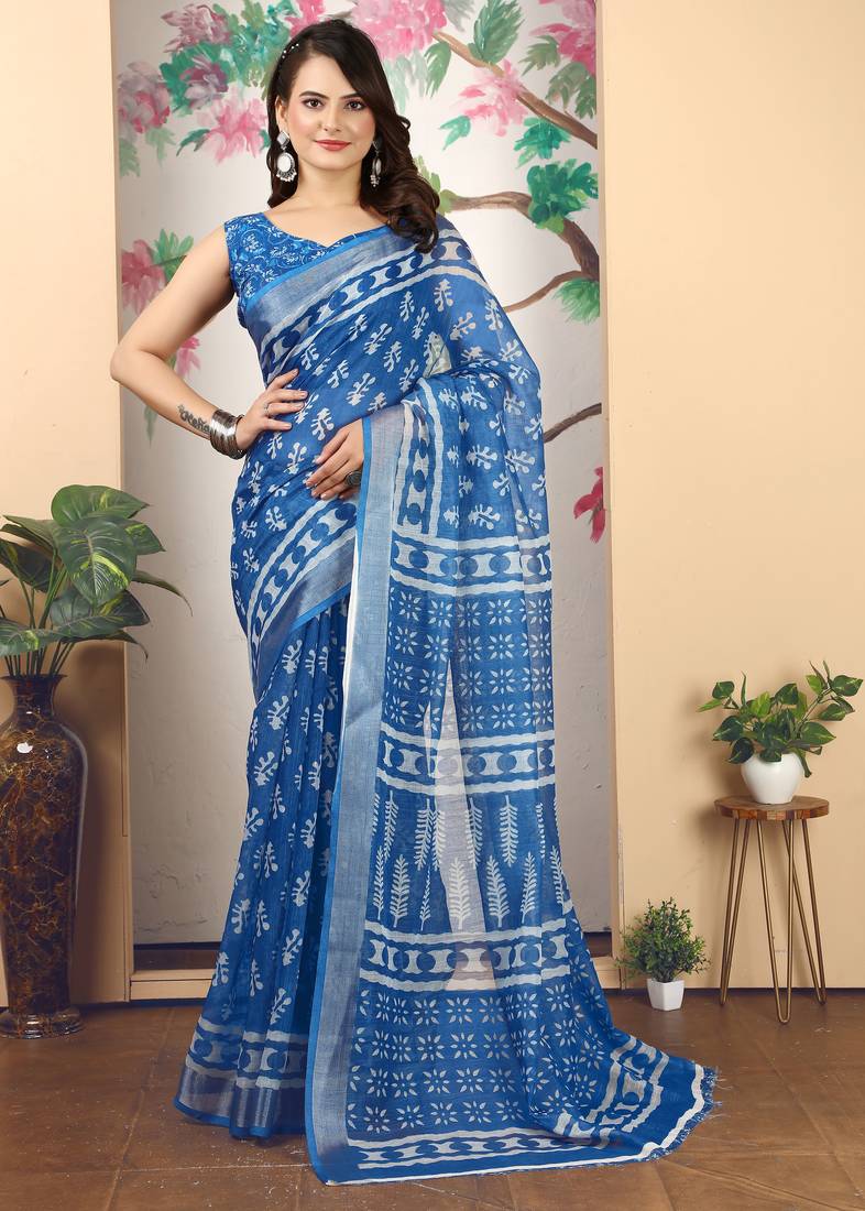 blue cotton blend saree with geometric floral print (sfcl218)