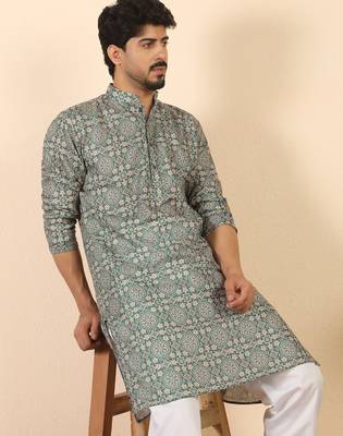 Ethnic motifs jaipuri printed cotton green kurta 1