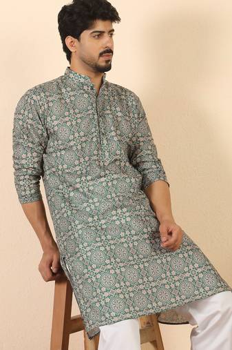Ethnic motifs jaipuri printed cotton green kurta