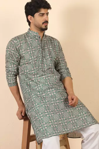 Ethnic motifs jaipuri printed cotton green kurta