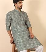 Ethnic motifs jaipuri printed cotton green kurta