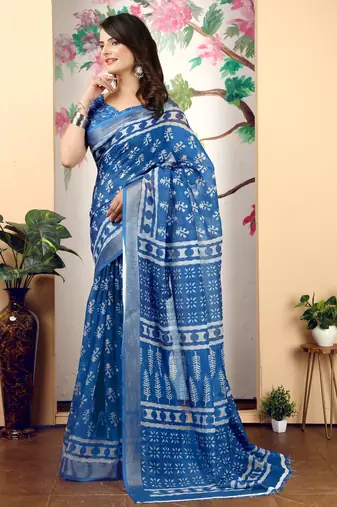 blue cotton blend saree with geometric floral print (sfcl218)