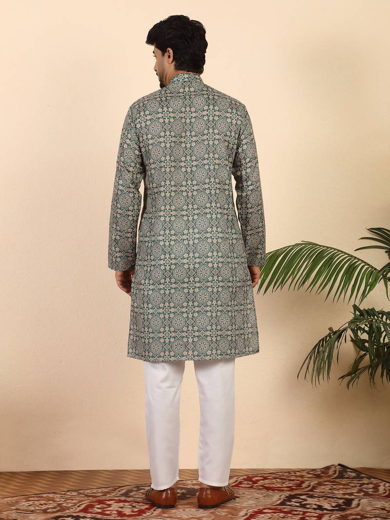Ethnic motifs jaipuri printed cotton green kurta