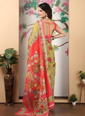 mustard pink cotton blend saree with paisley print 5