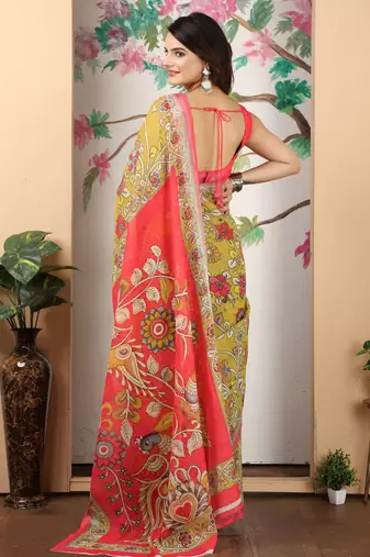 mustard pink cotton blend saree with paisley print