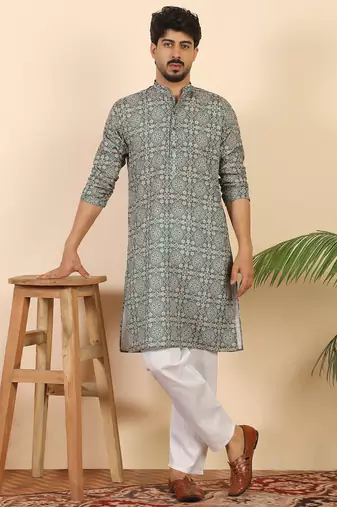 Ethnic motifs jaipuri printed cotton green kurta