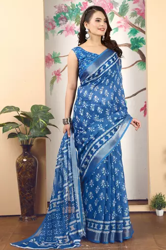 blue cotton blend saree with geometric floral print (sfcl218)