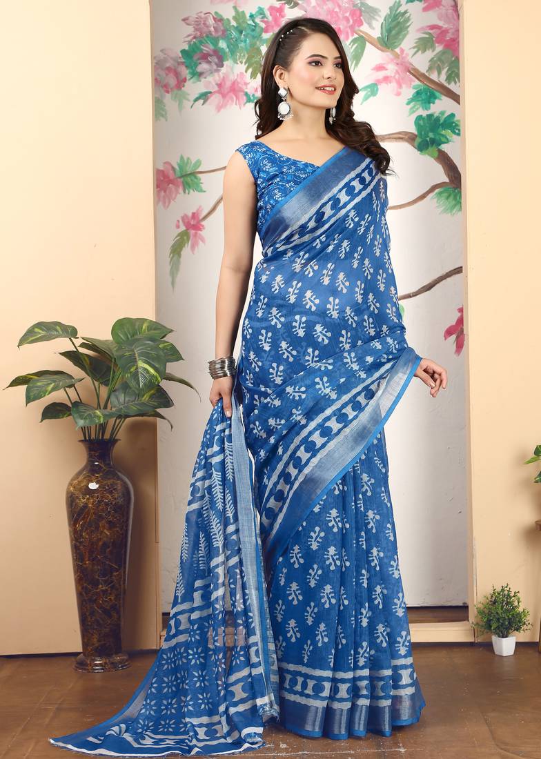 blue cotton blend saree with geometric floral print (sfcl218)