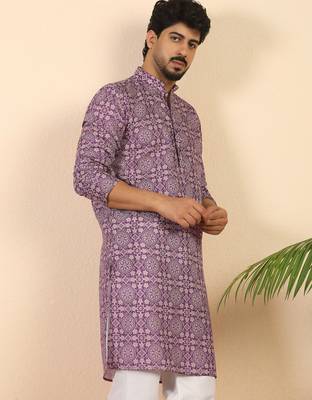 Ethnic motifs jaipuri printed cotton purple kurta 1