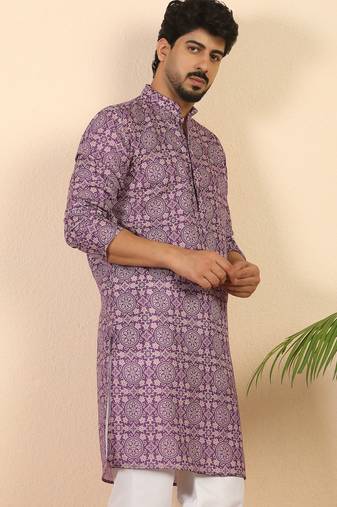 Ethnic motifs jaipuri printed cotton purple kurta
