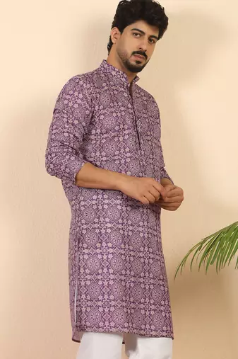 Ethnic motifs jaipuri printed cotton purple kurta