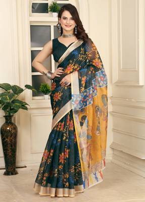 women's black yellow cotton linen digital print saree 1