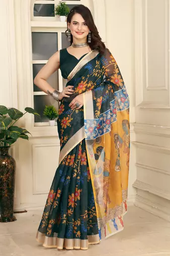 women's black yellow cotton linen digital print saree