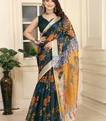 women's black yellow cotton linen digital print saree