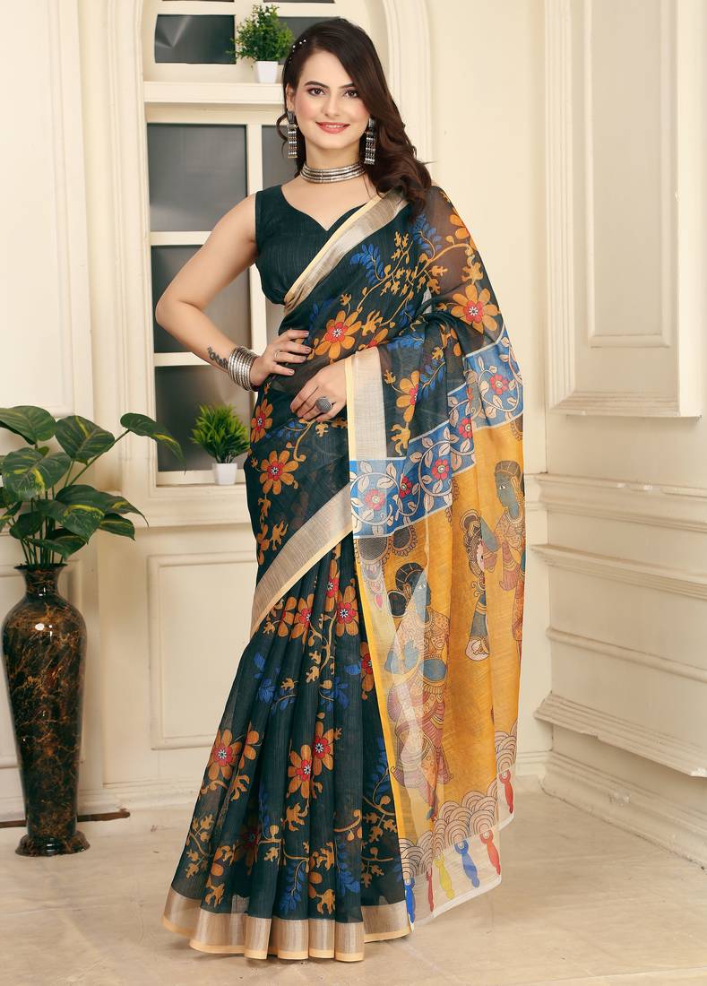 Women's black yellow cotton linen digital print saree (sfcl238)