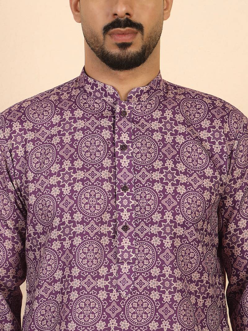 Ethnic motifs jaipuri printed cotton purple kurta
