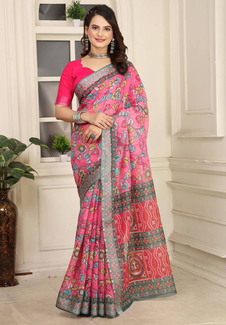 cream cotton blend saree with floral print