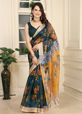 women's black yellow cotton linen digital print saree 2
