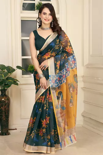 women's black yellow cotton linen digital print saree