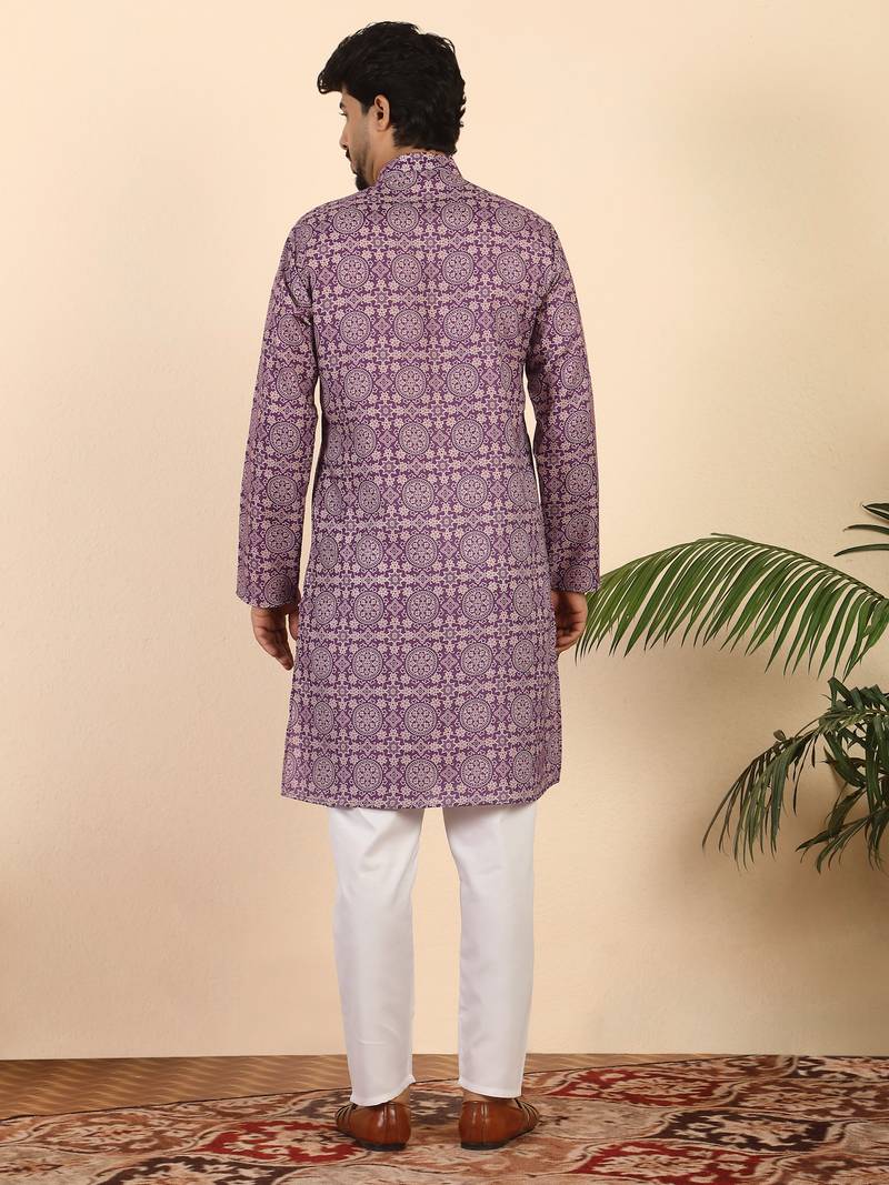 Ethnic motifs jaipuri printed cotton purple kurta