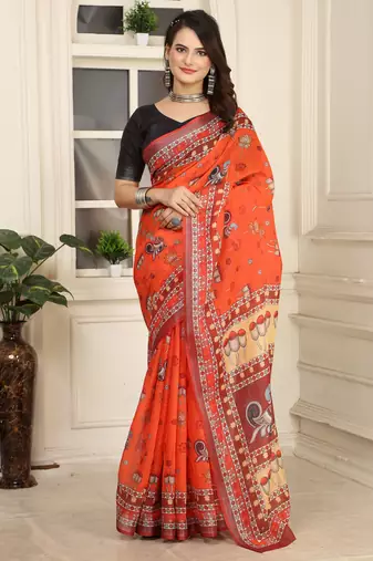 orange red cotton blend digital print saree