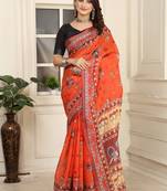 orange red cotton blend digital print saree