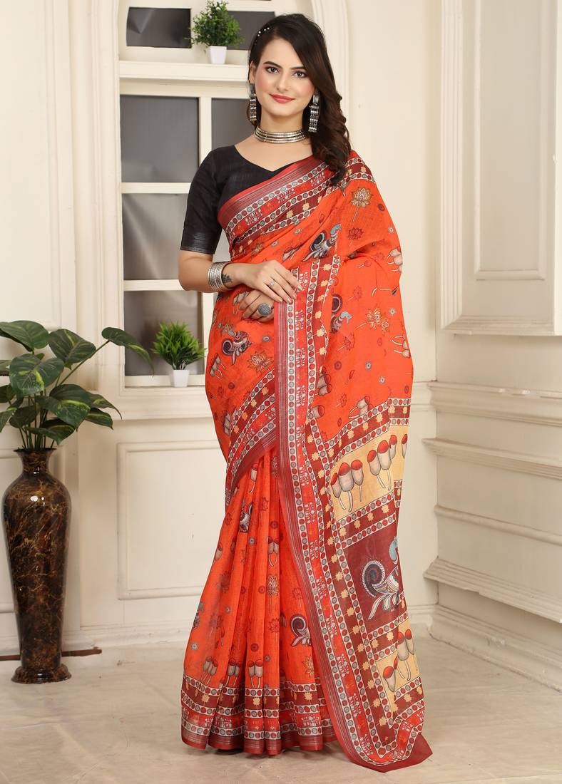 orange red cotton blend digital print saree (sfcl235)